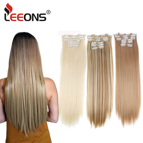 Clips de extensiones de cabello Leeons de 16 colores, largo, recto, sintético, en fibra de alta temperatura, peluca negra y marrón ► Foto 1/6