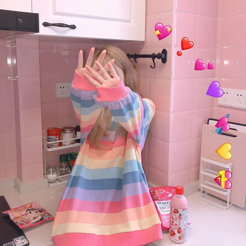 Chaqueta de manga larga para mujer, camisa a rayas de arco iris, sin capucha, Harajuku para mujer, versión coreana ► Foto 1/6