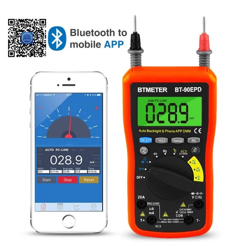 BT-90EPD multímetro Digital rango automático 4000 recuentos DMM avómetro con aplicación de teléfono Bluetooth AC, corriente de voltaje DC con luz trasera ► Foto 1/6