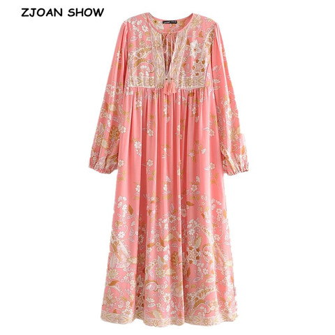 Vestido largo bohemio con lazo y escote en V, estampado de flores, rosa, étnico, con tirantes, manga larga, para vacaciones y playa ► Foto 1/6