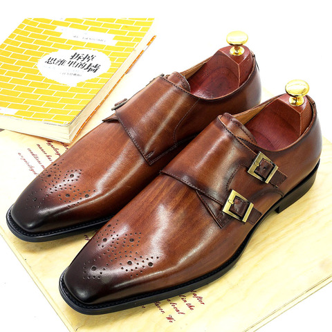 Zapatos de doble correa de monje Oxford para hombre, zapatos de vestir hechos a mano de cuero genuino con hebilla, calzado Formal para boda y oficina ► Foto 1/6