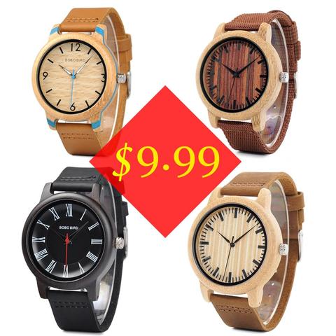 BOBO BIRD-Reloj de madera para hombre y mujer, venta de liquidación, promoción de precio, relojes de pulsera de cuarzo, correa de cuero, masculino ► Foto 1/6