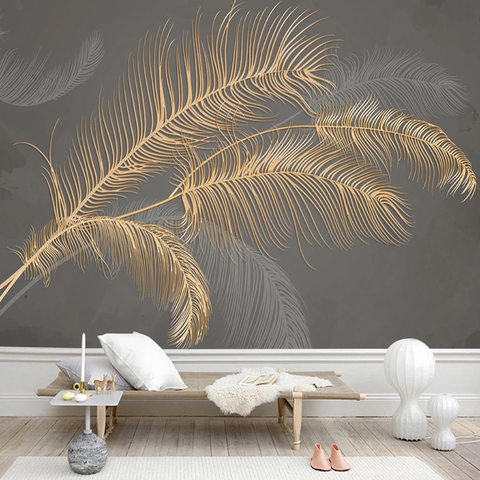 Pintura de pared de pluma moderna en relieve dorado 3D, Mural personalizado de lujo para sala de estar, dormitorio, revestimiento de paredes de fondo de TV papel tapiz ► Foto 1/6