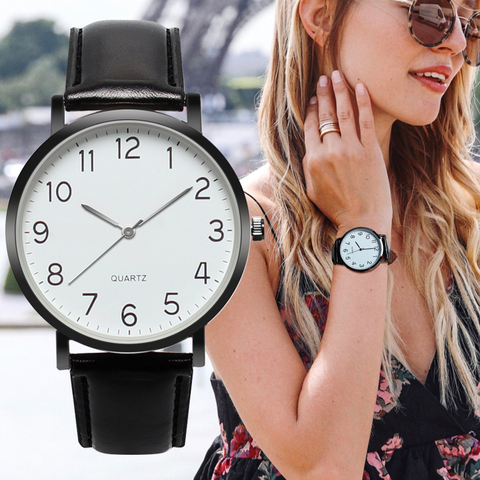 Reloj de pulsera con correa de número árabe para mujer, reloj Unisex con esfera redonda minimalista, Correa clásica de cuero negro ► Foto 1/6