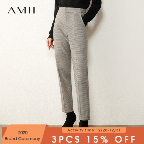AMII minimalismo otoño Vintage mujer pantalones de moda alta Wasit tartán recto ankel-longitud pantalones femeninos 12070441 ► Foto 1/5