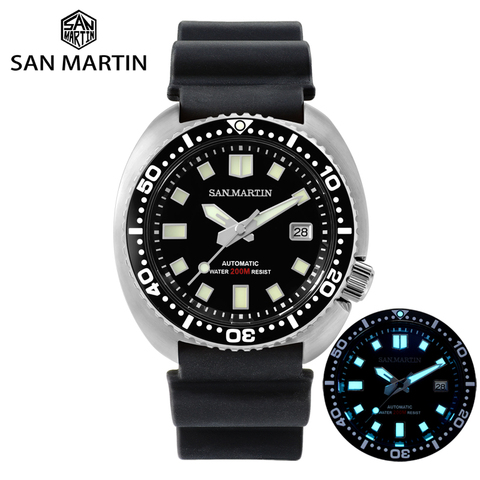 Reloj de buceo San Martin 6309 tortuga 20 Bar Acero inoxidable hombres automático mecánico zafiro correa de goma BGW9 luminoso ► Foto 1/6