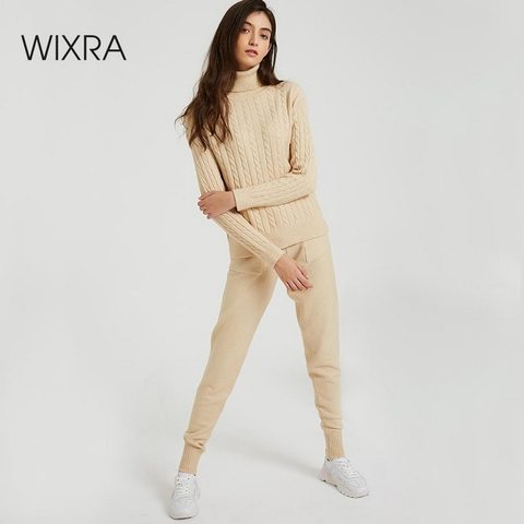 Wixra de punto para mujer conjuntos de suéteres de manga larga de cuello alto + bolsillos pantalones largos sólidos trajes de 2 piezas traje de invierno ► Foto 1/6