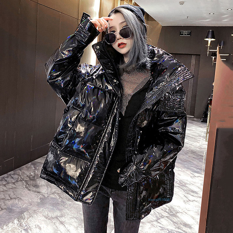 2022 nuevo con capucha brillante invierno chaqueta acolchada de algodón para las mujeres de negro brillante Chaqueta brillante Negro Parkas de MY312 ► Foto 1/6