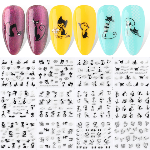 12 diseño lindo gato decoración de uñas de mariposa pegatinas calcomanías mezcla negro plata 3D adhesivo deslizadores decoración para manicura DIY LAJH025-036-1 ► Foto 1/6