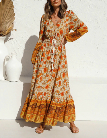 Happie Queens mujeres de manga larga cuello de borla de etnia floral impresión playa bohemio maxi Vestido Mujer rayón Boho vestido vestidos ► Foto 1/6