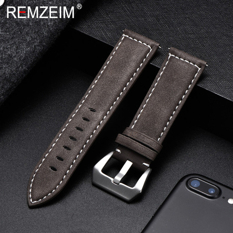 REMZEIM-Correa de cuero marrón Vintage para hombre y mujer, pulsera de repuesto, relojes con hebilla sólida, 18mm, 20mm, 22mm y 24mm ► Foto 1/6