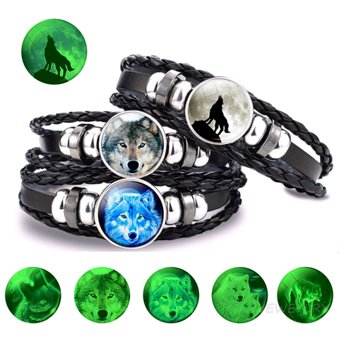 Pulsera de lobo brillante para hombre y mujer, brazalete luminoso de cabeza de Lobo que brilla en la oscuridad, de cuero negro, Punk, joyería luminosa, pulseras de animales Unisex ► Foto 1/6