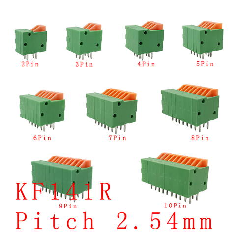 KF141R-Conectores de pie recto/curvado PCB de paso de 2,54mm, bloques de terminales sin cables de resorte de 2/3/4/5/6/7/8/9/10 Pines, color verde, KF141V, 5 uds. ► Foto 1/6