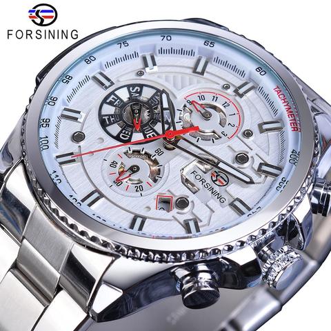 Forsining-reloj mecánico de acero inoxidable para hombre, accesorio masculino de pulsera resistente al agua con mecanismo automático de 3 subesferas, calendario multifunción, Correa totalmente de acero inoxidable, color blanco ► Foto 1/6