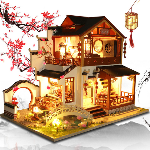 Casa de muñecas de madera para niños, ciudad china de Arquitectura de casa de muñecas, miniaturas con muebles, juguetes para amigos, regalo de cumpleaños ► Foto 1/6