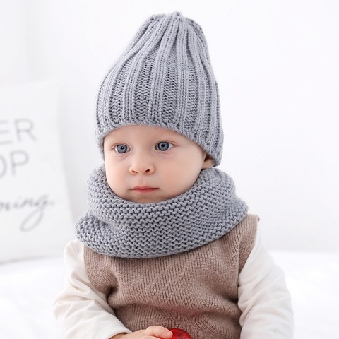 Gorro de ganchillo y bufanda para niño y niña, conjunto de sombrero, sombrero bebé niño, gorrito de Color sólido para invierno ► Foto 1/6