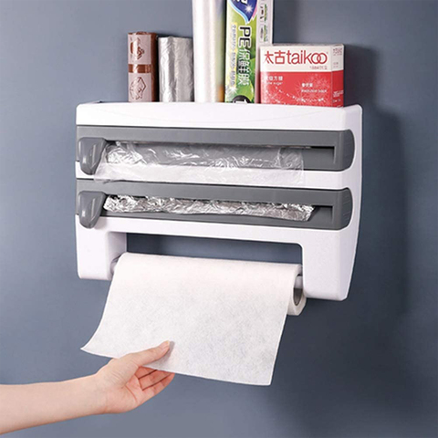 Dispensador de bolsas de plástico para almacenamiento estantes de papel y aluminio, soporte de montaje en pared, dispensador de toallas de papel para papel de aluminio, herramienta de cocina ► Foto 1/6