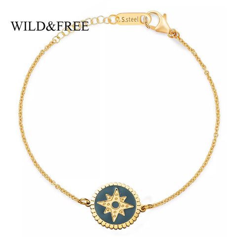 Wild & Free-Pulseras redondas Vintage para mujer, con diseño de estrella y flecha esmaltada azul, cadena de oro, pulsera de acero inoxidable, regalo de joyería ► Foto 1/6