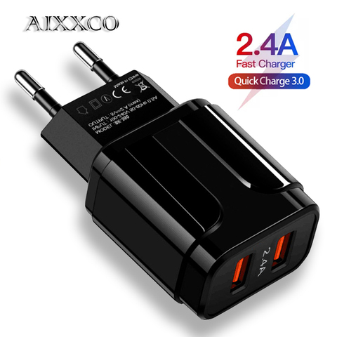 AIXXCO-cargador de pared para teléfono móvil, dispositivo de carga rápida QC 3,0, enchufe europeo, luz LED, 2 USB, 5V, 2A ► Foto 1/6