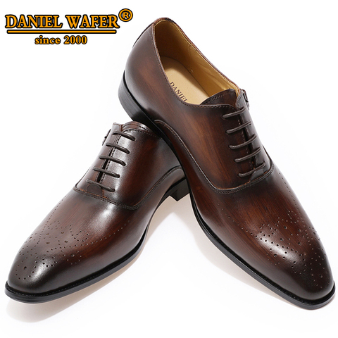 Zapatos OXFORD de cuero genuino para hombre, zapatos de boda con hebilla para vestido de oficina, zapatos de verano formales OXFORD con punta de cuero marrón ► Foto 1/6