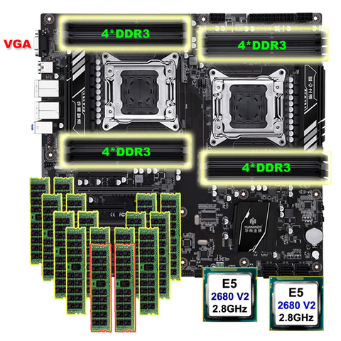 Paquete de placas base huananchi X79-16D doble CPU Intel Xeon E5 2680 V2 memoria 512G (16*32G) Placa base de descuento RECC con puerto VGA ► Foto 1/6