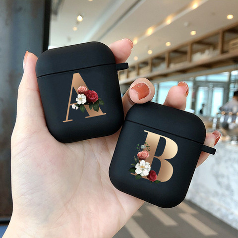 Lindo Floral dorado letra inicial del alfabeto funda de AirPods para Airpod 2 casos de silicona auricular Bluetooth inalámbrico cubierta negro mate ► Foto 1/6