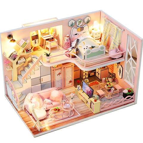CUTEBEE juguetes de los niños casa de muñecas con muebles ensamblar madera casa de muñecas en miniatura Diy casa de muñecas juguetes para los niños ► Foto 1/6