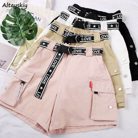 Pantalones cortos de verano para mujer 2022 recto Rosa Blanco carga suelta Bf cintura alta versión coreana bolsillos fajas Streetwear Harajuku nuevo ► Foto 1/5