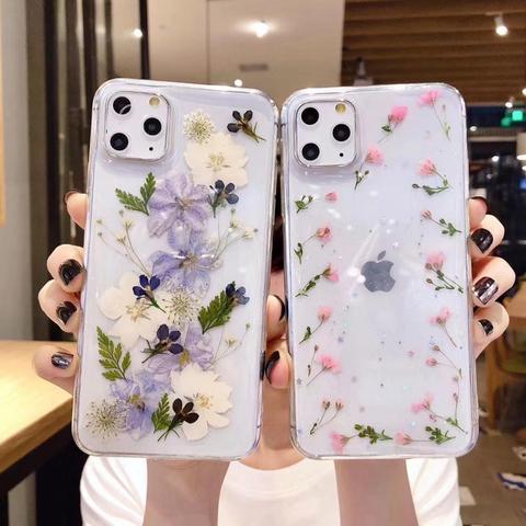 Fundas Qianliyao de flores secas reales para iPhone X XS Max XR 6 6S 7 8 Plus 11 Pro Max SE 2022, funda hecha a mano de flores frescas y suaves ► Foto 1/6