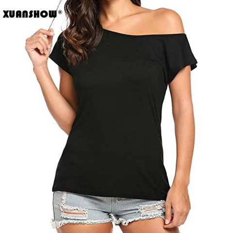 XUANSHOW 2022, camiseta de moda para mujer, Tops casuales sin hombros, camisetas de manga corta, Tops sueltos de verano, camiseta, ropa de mujer ► Foto 1/6