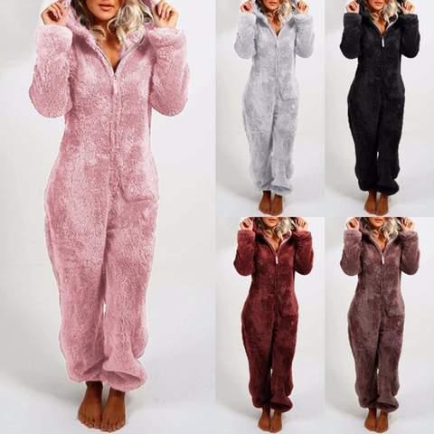 Pijama informal con capucha para mujer, ropa de dormir de manga larga, mono de felpa gruesa, de invierno ► Foto 1/6