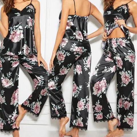 2 uds Sexy verano conjuntos de pijama Floral de las mujeres, estampado con cuello en V de encaje chaleco pantalones Sexy ropa de dormir ropa de las mujeres Noche vestidos de las mujeres conjuntos de pijama ► Foto 1/6