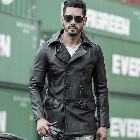 Chaqueta de cuero de vaca con doble botonadura para hombre, chaqueta de Color negro Vintage, abrigo de cuero de alta calidad, novedad primavera 2022 ► Foto 1/6