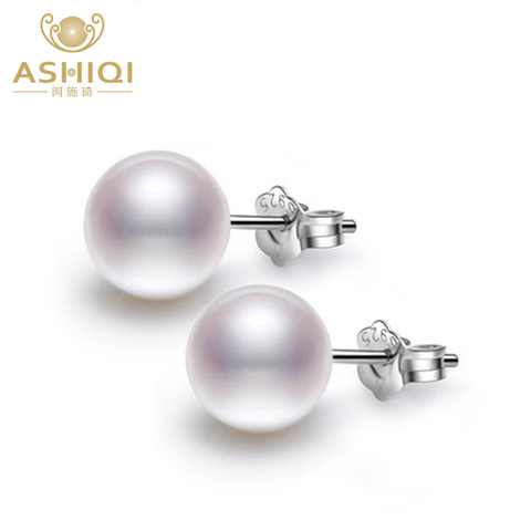 ASHIQI 100% pendientes de perlas naturales de agua dulce redondos perfectos, Plata de Ley 925 auténtica pendiente de joyería ► Foto 1/6