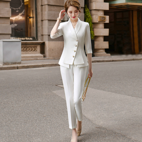 Pantalones de traje de mujer de alta calidad, conjunto de dos piezas, novedad de 2022, chaqueta blazer blanca elegante de verano para mujer, atuendo de negocios ► Foto 1/6
