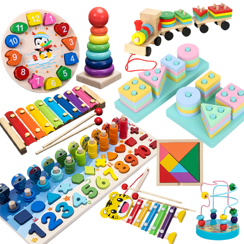 QWZ-Juguetes Educativos de madera Montessori para niños, rompecabezas cognitivo con forma geométrica, juguetes educativos para edades tempranas ► Foto 1/6