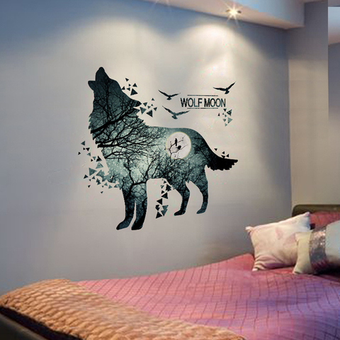 Shijuekongjian-Adhesivos de pared de bosque con forma de luna de Lobo, adhesivos de pared de bosque, calcomanías murales de animales para habitación de niños, dormitorio de bebé ► Foto 1/6