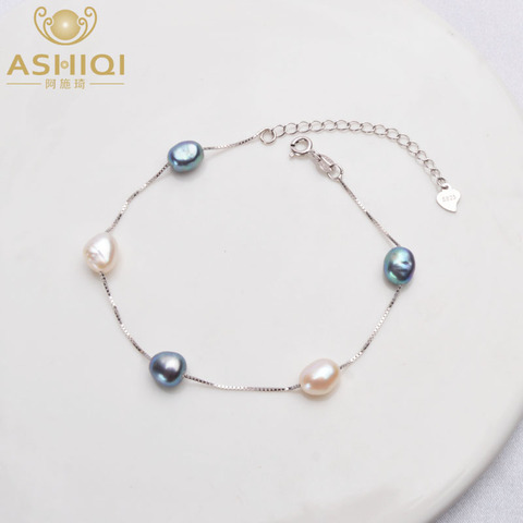 ASHIQI genuino 925 plata esterlina barroco Natural pulsera de perlas de moda de 6-7mm de perlas de agua dulce de la joyería para las mujeres ► Foto 1/6