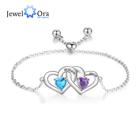 JewelOra-pulsera de cadena ajustable con 2 piedras de nacimiento para mujer, brazalete personalizado con corazones entrelazados grabados con nombre ► Foto 1/6