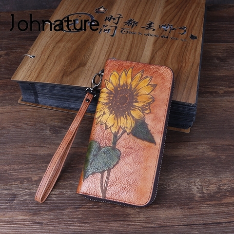 Johnature-cartera de cuero genuino pintada a mano para mujer, billetera de mano grande de cuero de vaca, Vintage, hecha a mano, tarjetero, 2022 ► Foto 1/6