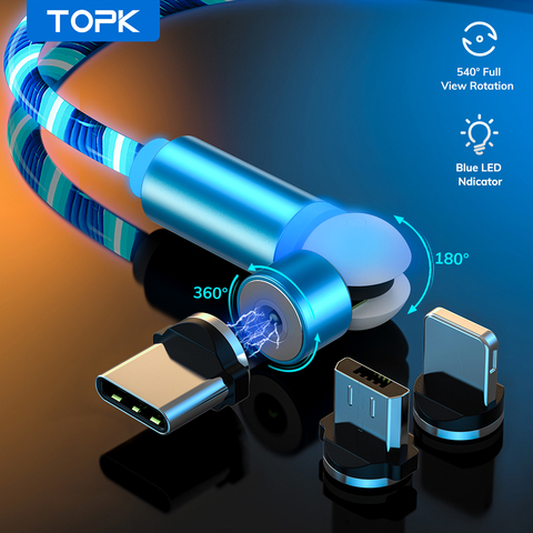 TOPK-Cable magnético para teléfono móvil iPhone y Xiaomi, Cable Micro USB tipo C de carga rápida con luz LED giratoria 540 ► Foto 1/6