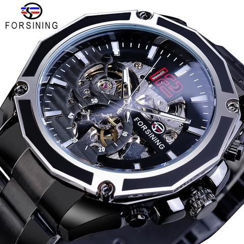 Forsining-Reloj de pulsera para hombre, de acero negro, Steampunk, deportivo, militar, con esqueleto, automático, mecánico, masculino ► Foto 1/6