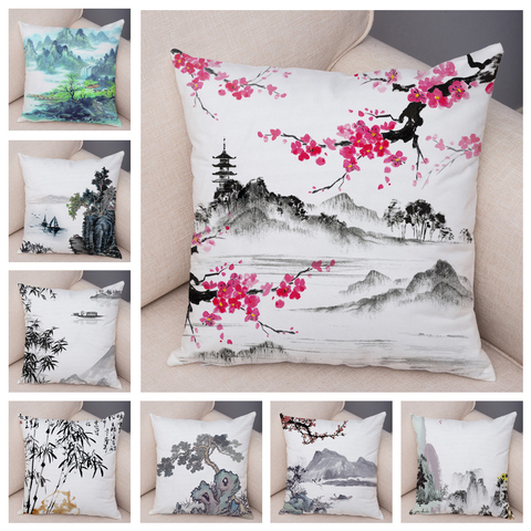 Tinta China cojín para silla en casa decoración de coche hermoso paisaje funda de almohada corta suave funda de almohada de felpa 45x45cm ► Foto 1/6