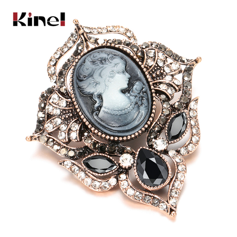 Kinel-broche con piedras para mujer, broche con piedras negras, broche Retro con cabeza en relieve de diamantes de imitación, joyas étnicas al por mayor ► Foto 1/6