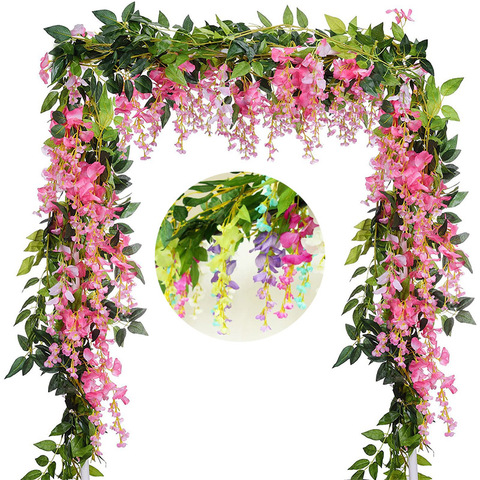 2M glicina Artificial flores guirnalda de enredadera plantas follaje de mimbre siguiendo flores Ivy pared decoración del arco de la boda ► Foto 1/6