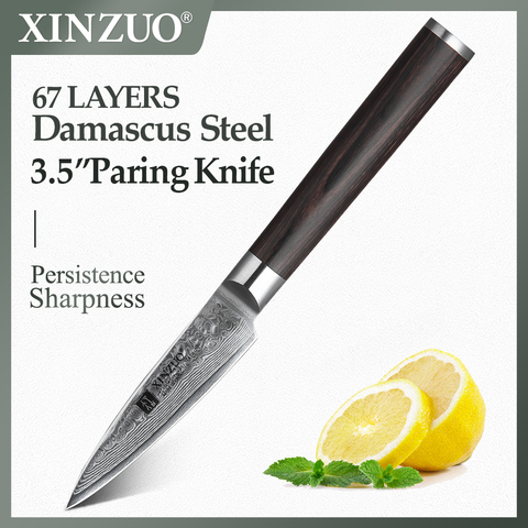 XINZUO-cuchillo de cocina Damascus de acero inoxidable, cuchillo para fruta, cuchillos para pelar, Pakkawood, mango de acero inoxidable, para ensalada, 3,5