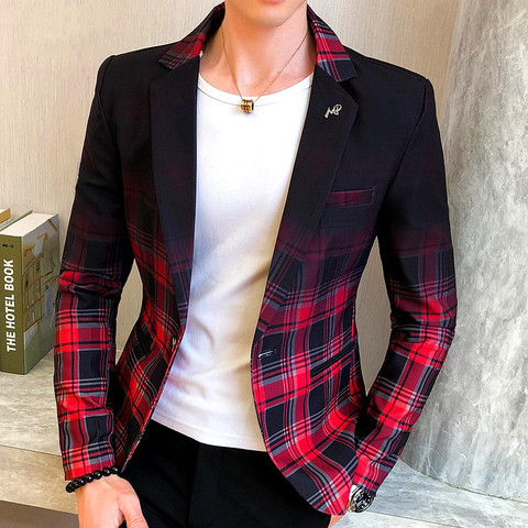 Chaqueta de tela escocesa para hombre, Blazer masculino de primavera, con diseño de bloque de color, chaqueta ajustada e informal para boda, negocios y fiestas, 2022 ► Foto 1/6