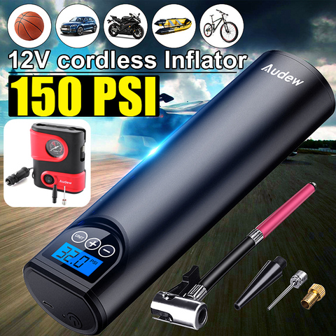 Audew 12V 150PSI USB compresor de aire portátil inalámbrico LCD bomba de mano inflable para bicicletas de coche neumáticos bolas anillos de natación ► Foto 1/6
