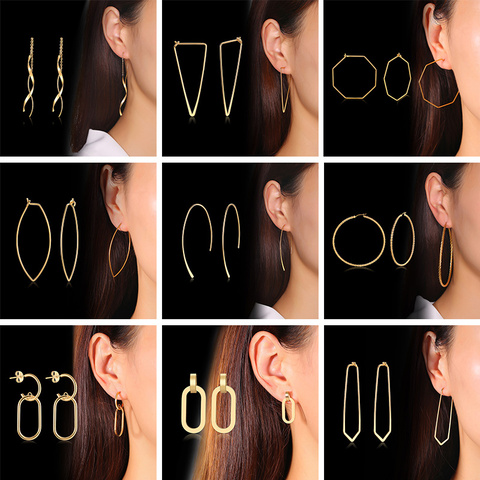 Mujer espiral Bar cadena enhebrador pendientes gota larga pendientes color oro y plata curvada de acero inoxidable Twist Dangle pendientes ► Foto 1/6