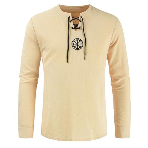 Camiseta de talla grande para hombre, camisa de manga larga con cuello de pico bordado vikingo antiguo, ropa para hombre ► Foto 1/6